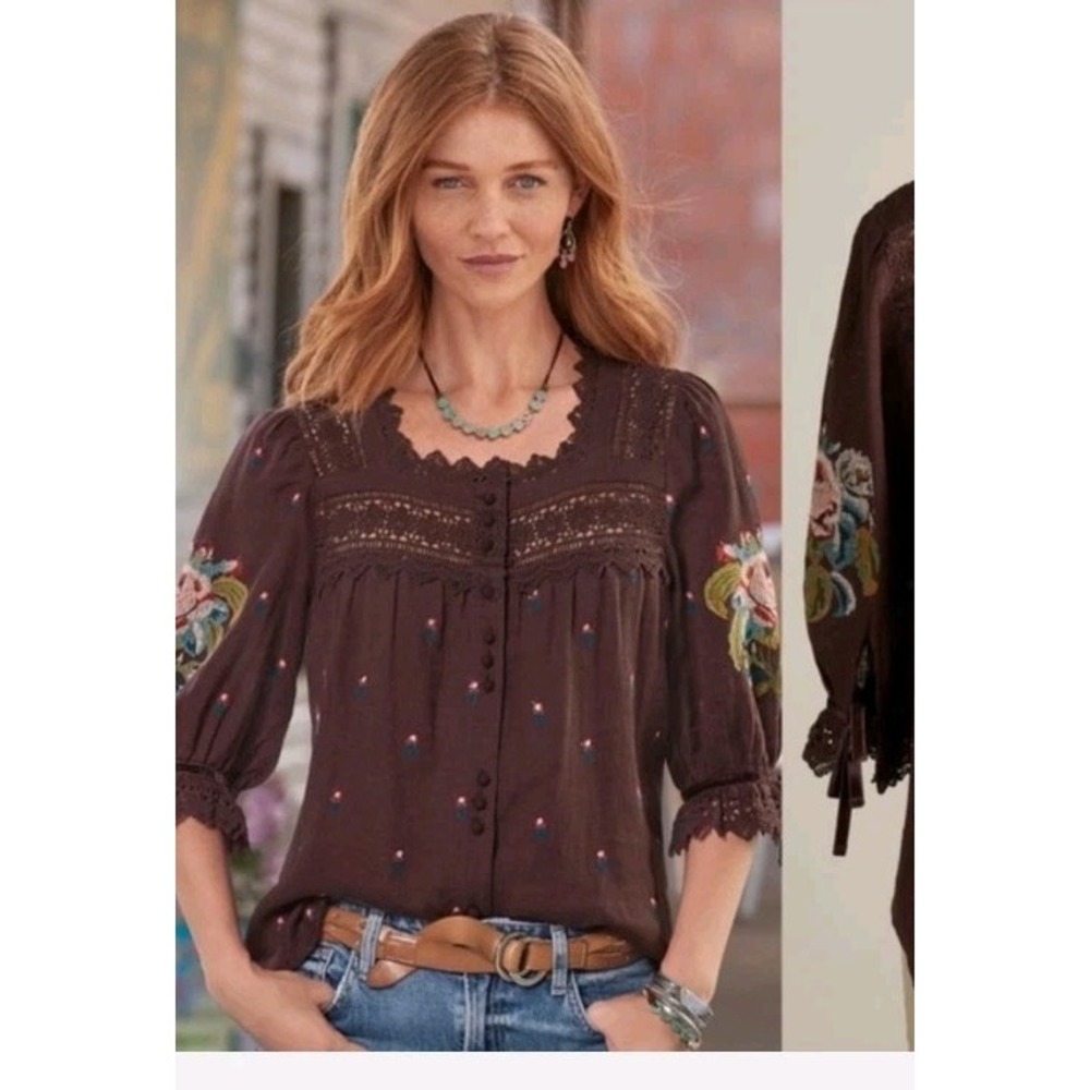 Sundance Brown Square Neck Lacy Embroidered Linen Blend Top Blouse Boho Small - Picture 8 of 8